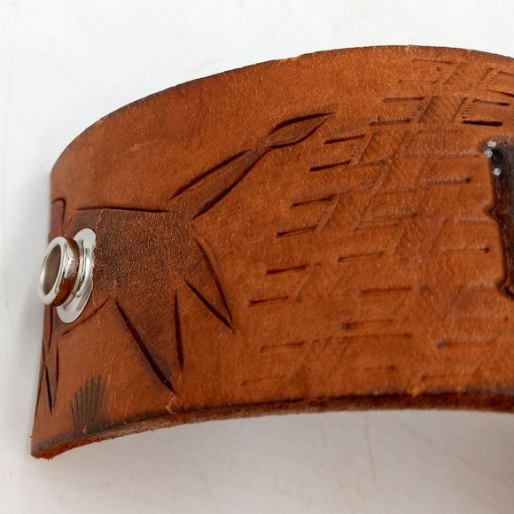 Vintage Leather Cuff Bracelet Western Rockabilly Lin Turquoise Teepee Distressed - Picture 8 of 11